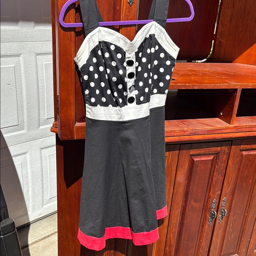 Stylish Black and White Polka Dot Dress with Red Accents